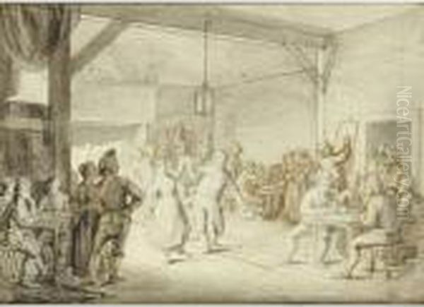 Recto : An Inn With People 
Making Music And Dancing, Verso : A Sketch Of A Woman With Two Children 
In An Interior Oil Painting by Christian Wilhelm Ernst Dietrich