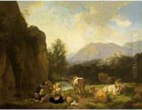 An Italianate Mountainous 
Landscape With A Shepherds' Family With Their Herd And A Dog Resting 
Near A Stream Oil Painting by Christian Wilhelm Ernst Dietrich