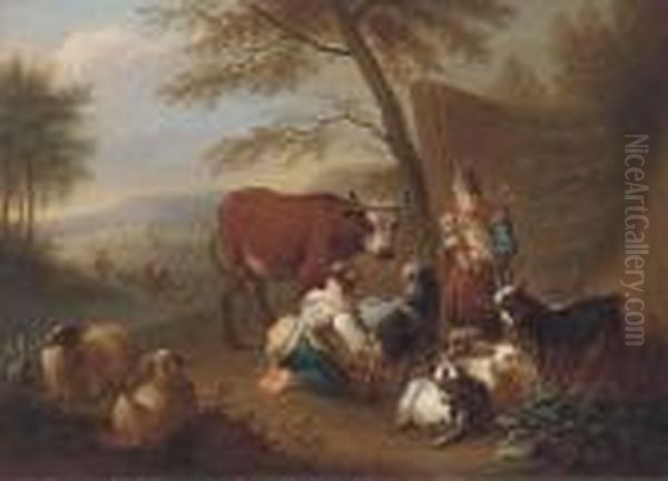 An Italianate Landscape With A 
Shepherdess Milking A Goat, A Manplaying A Doodlesack And A Drover 
Fording A River Beyond Oil Painting by Christian Wilhelm Ernst Dietrich