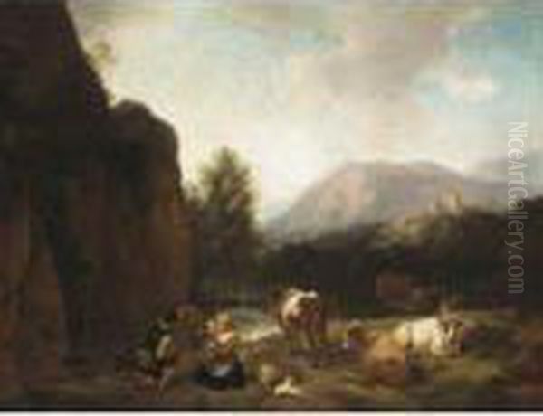 Italianate Landscape With A Drover Playing With His Wife And Child Beside A River Oil Painting by Christian Wilhelm Ernst Dietrich