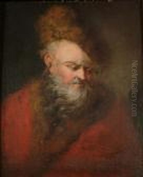 A Bearded Gentleman In A Red Fur-trimmed Coat And A Fur Hat Oil Painting by Christian Wilhelm Ernst Dietrich