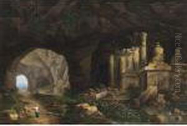 A Grotto With Nymphs Resting Near Classical Columns And Ornaments Oil Painting by Christian Wilhelm Ernst Dietrich