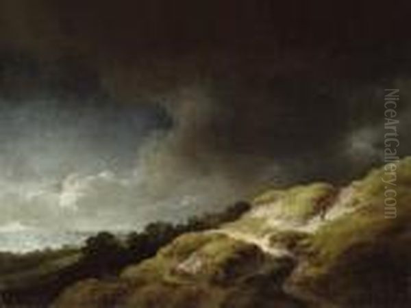 A Dune Landscape With Figures And A Cow On A Hillside, Beneath Astormy Sky Oil Painting by Christian Wilhelm Ernst Dietrich