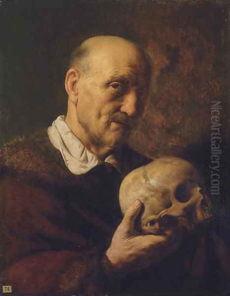 An old man, half-length, in a fur-lined coat, holding a skull Oil Painting by Jan Lievens