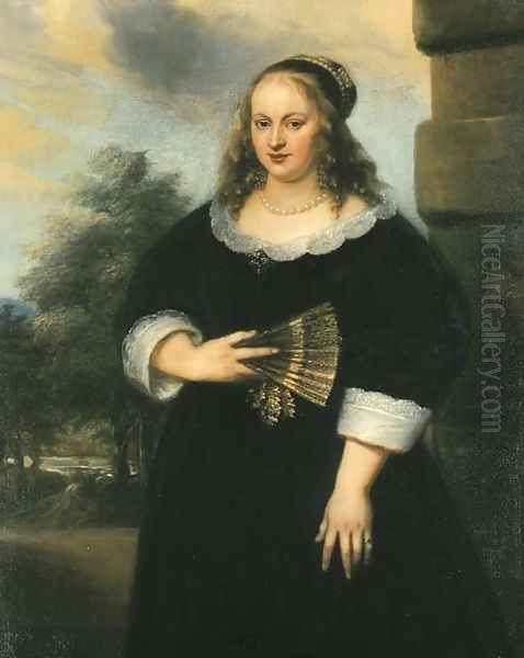 Portrait of a Lady, three-quarter-length, in a black dress with a white lace collar and cuffs, a fan in her right hand, a garden beyond Oil Painting by Jan Lievens