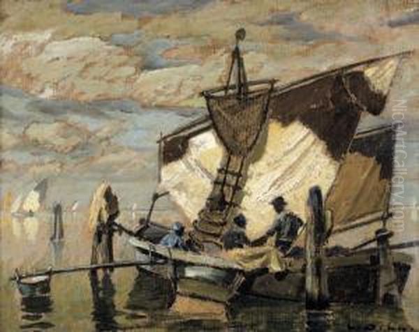 Kustenpartie Mit Fischerboot. Oil Painting by Ludwig Dill