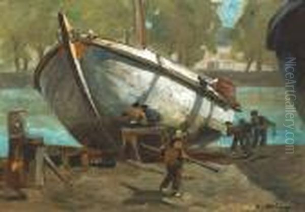 Dutch Dockyard Oil Painting by Ludwig Dill