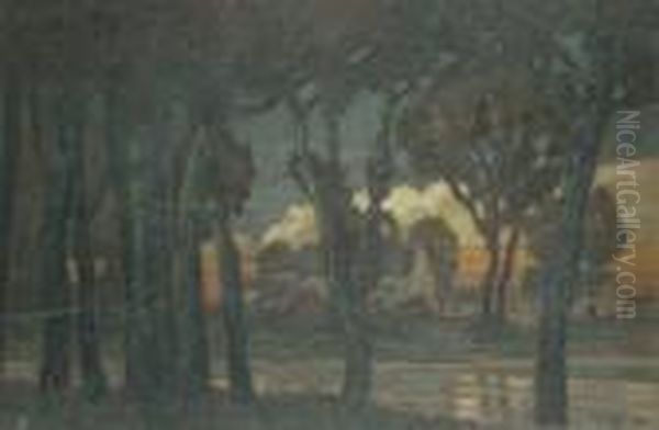 A Wooded River Landscape With Houses Beyond. Oil Painting by Ludwig Dill