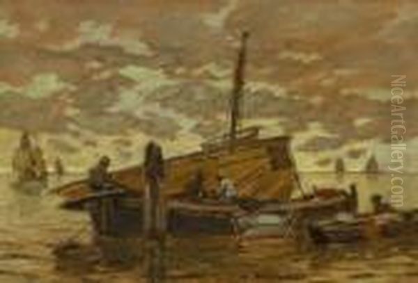 Fischerboote In Der
 Lagune. Oil Painting by Ludwig Dill