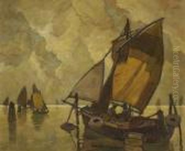 Fischerboote In Der
 Lagune. Oil Painting by Ludwig Dill