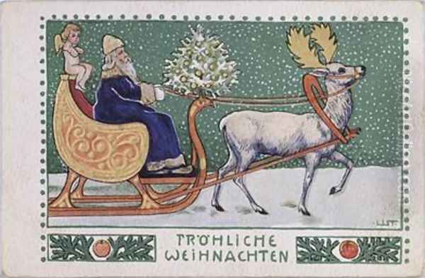 Postcard depicting Father Christmas on his sleigh Oil Painting by Wilhelm List