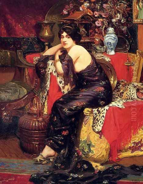 A Harem Beauty Seated On A Leopard Skin Oil Painting by Frederic Louis Leve