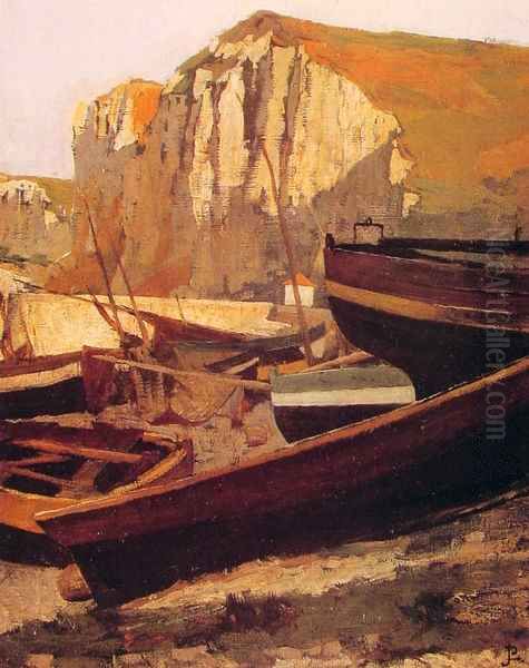 Barques au pied d'une falaise en Normandie (Boats at the foot of a cliff in Normandy) Oil Painting by Jean-Paul Laurens