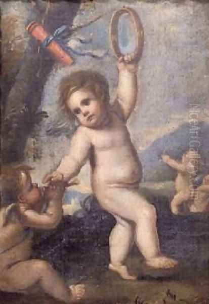 Cupid and other putti playing in a landscape Oil Painting by Pietro Liberi