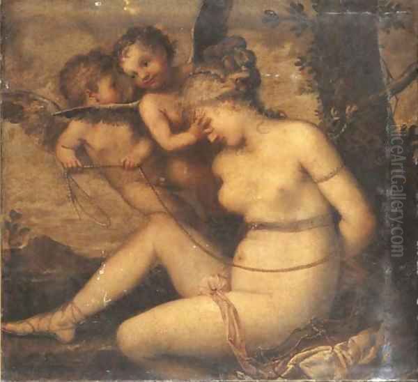 Venus being bound by two putti Oil Painting by Pietro Liberi