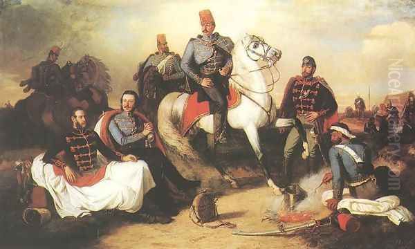 Hussar Officiers at Camp 1857 Oil Painting by Karoly Lotz