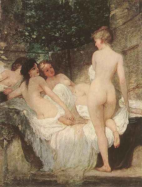 After the Bath c. 1880 Oil Painting by Karoly Lotz