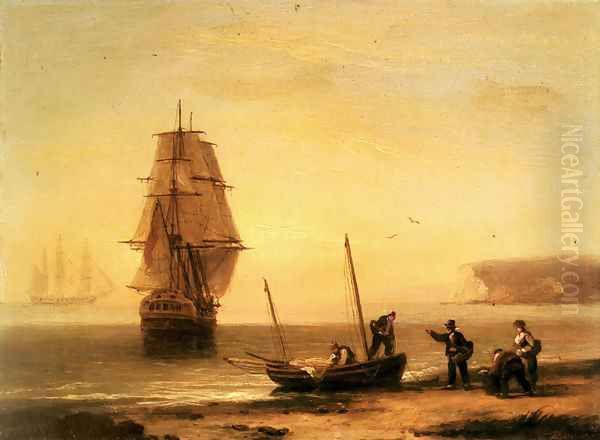 Fishermen unloading the catch with a merchant ship in calm water off Brymer Bay, Devon Oil Painting by Thomas Luny