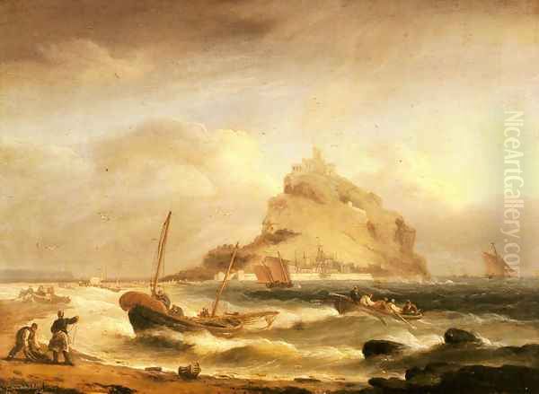 Fishermen rowing in, before St. Michael's Mount Oil Painting by Thomas Luny