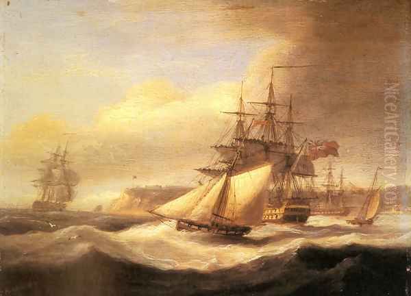 Naval ships setting sail with a revenue cutter off Berry Head, Torbay Oil Painting by Thomas Luny