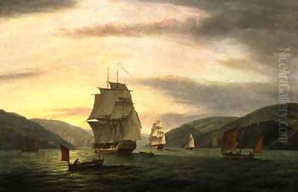 A Frigate A Lugger And Merchant Ship In Dartmouth Harbour 1808 Oil Painting by Thomas Luny