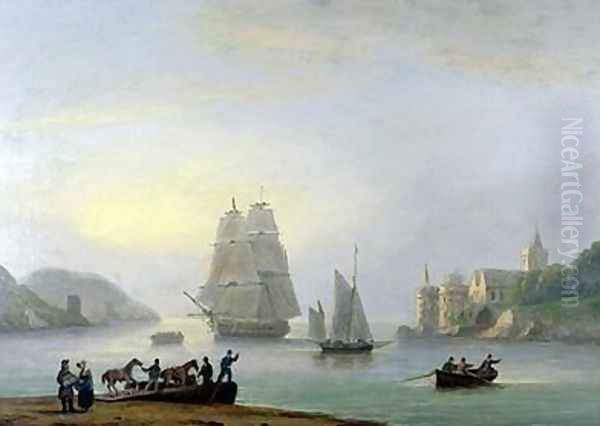 A Brig Entering Dartmouth Harbour with a Ferry in the Foreground 1828 Oil Painting by Thomas Luny