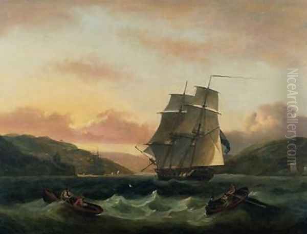 A Brigantine in Full Sail in Dartmouth Harbour Oil Painting by Thomas Luny