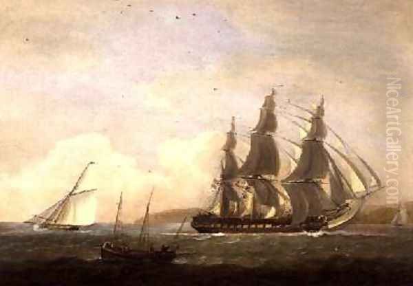 A frigate running under full sail with a cutter and a lugger off the West Country Oil Painting by Thomas Luny