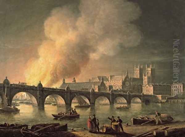 Westminster Bridge and the Burning of the Houses of Parliament from Lambeth Oil Painting by Thomas Luny