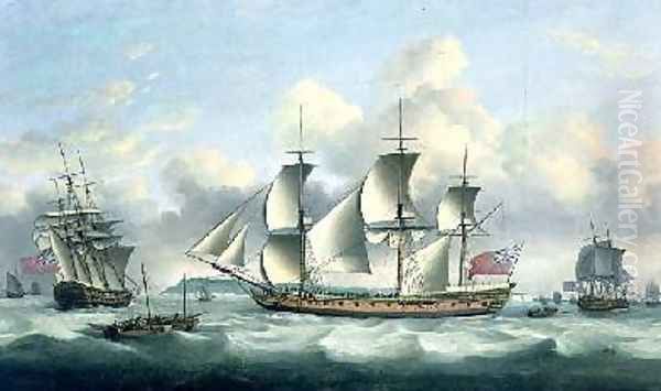 Three British frigates offshore 1782 Oil Painting by Thomas Luny