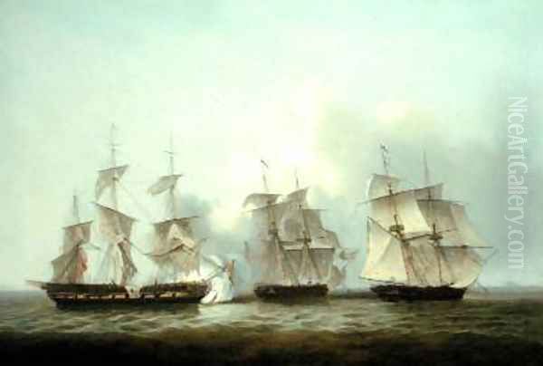 HMS Gore in Action With the French Brigs Palinure and Pilade Oil Painting by Thomas Luny