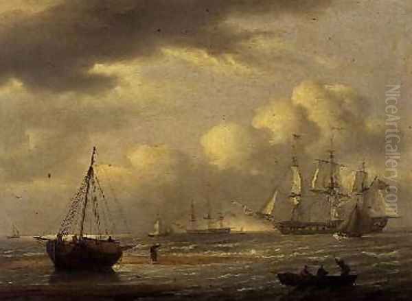 An Indiaman in stays and boats off the south coast Oil Painting by Thomas Luny