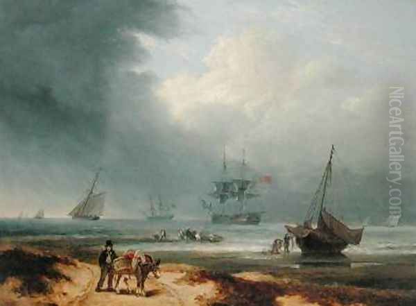 Shipping in a Windswept Bay with Men Working on the Shore 1812 Oil Painting by Thomas Luny