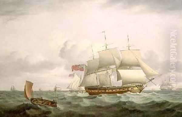 Indiamen a cutter and lugger in choppy seas Oil Painting by Thomas Luny