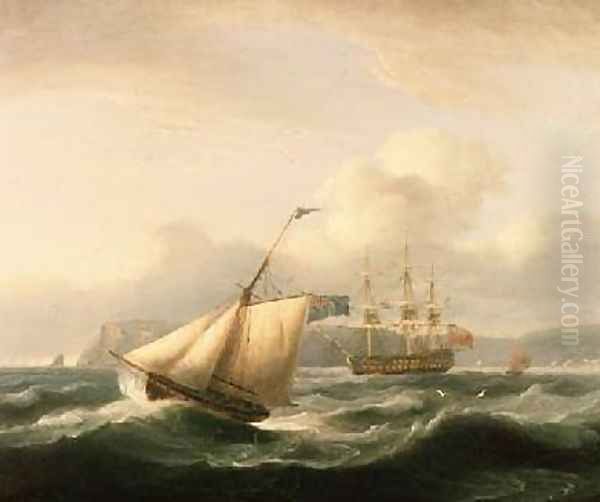 A Two-Decker Anchored in Torbay Harbour with a Cutter in the Foreground 1824 Oil Painting by Thomas Luny