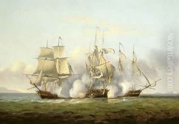 HMS Gore in Action With the French Brigs Palinure and Pilade 2 Oil Painting by Thomas Luny