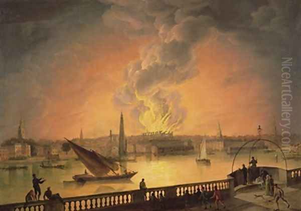 The Burning of Drury Lane Theatre from Westminster Bridge 1809 Oil Painting by Thomas Luny