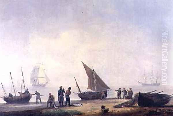 Fisherfolk on a Beach with Vessels Offshore 1825 Oil Painting by Thomas Luny