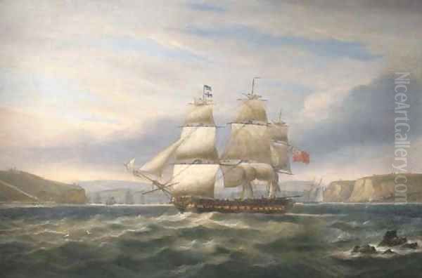 A British frigate of the 'Blockading Squadron' patrolling the harbour mouth at Brest Oil Painting by Thomas Luny