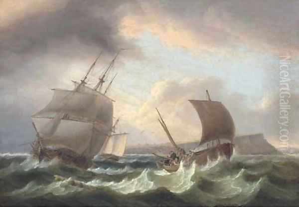 A frigate running out to sea, with a cutter astern of her and a fishing boat off to port Oil Painting by Thomas Luny