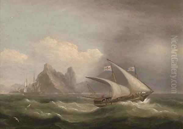 An armed xebec in the Mediterranean, a British frigate off her stern and running past a rocky coastline Oil Painting by Thomas Luny