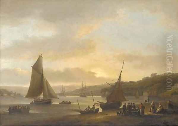 Shipping on the River Dart at Dittisham with women selling fish in the foreground Oil Painting by Thomas Luny