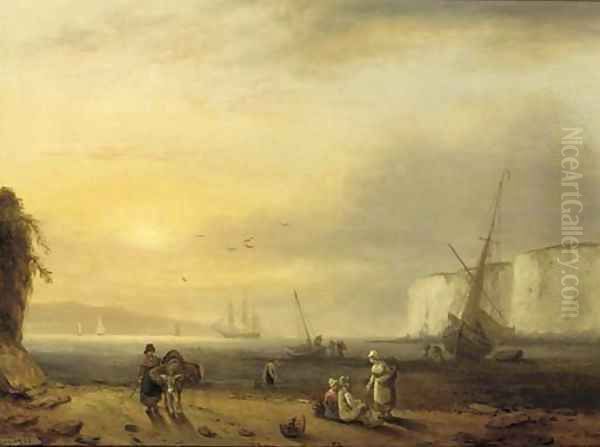 A coastal landscape with fisherfolk on the shore unloading the day's catch Oil Painting by Thomas Luny