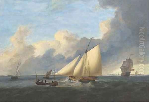 A First Rate ship-of-the-line arriving off a Naval port with an Admiralty cutter running down the coast astern of her Oil Painting by Thomas Luny