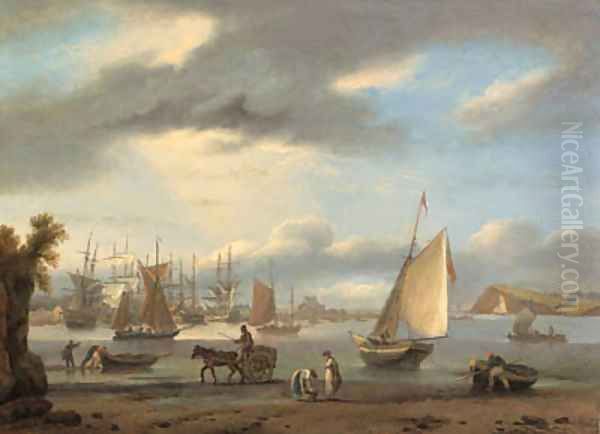 A view of Teignmouth, Devon with shipping and fisherfolk Oil Painting by Thomas Luny