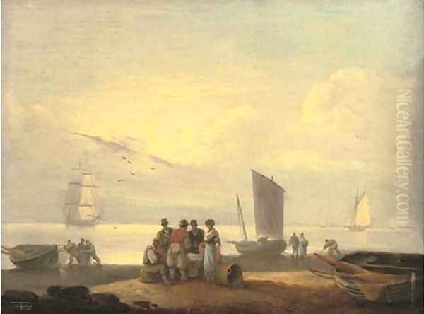 Coastal scene with fishermen on a beach in the foreground and sailing boats beyond Oil Painting by Thomas Luny