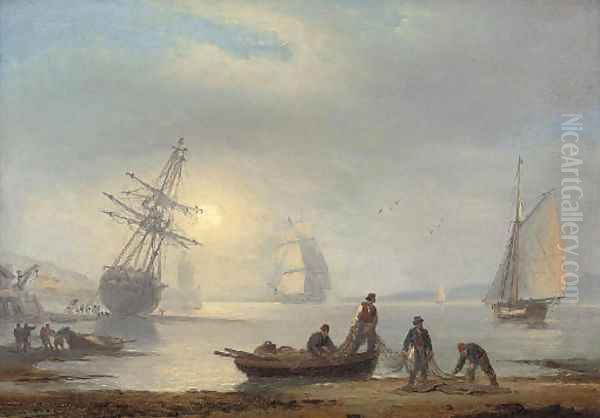 Fishermen sorting their nets on the foreshore at Teignmouth, at dusk Oil Painting by Thomas Luny