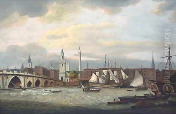 Merchant shipping at the wharfside below old London Bridge Oil Painting by Thomas Luny