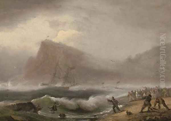 A brig running into the harbour at Teignmouth, the foreshore crowded with rescuers Oil Painting by Thomas Luny