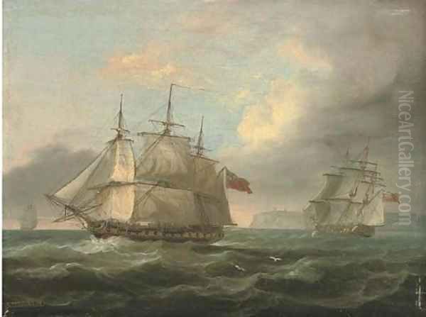 A man-of-war in two positions off the coast Oil Painting by Thomas Luny